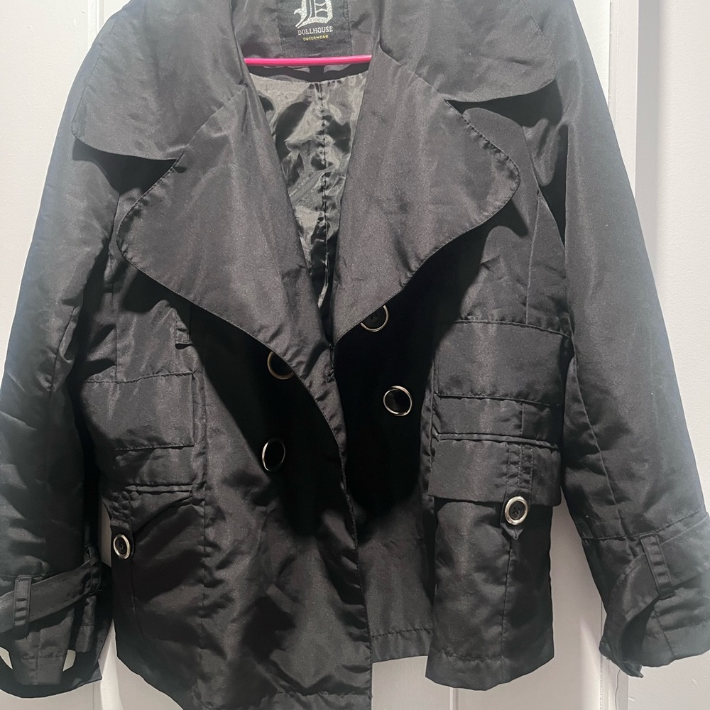 Dollhouse Black Trench Coat with Silver Accents